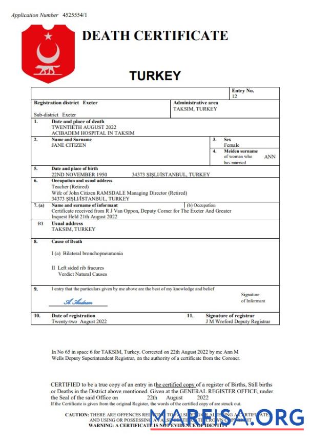Blank Turkey vital record death certificate Word and PDF template